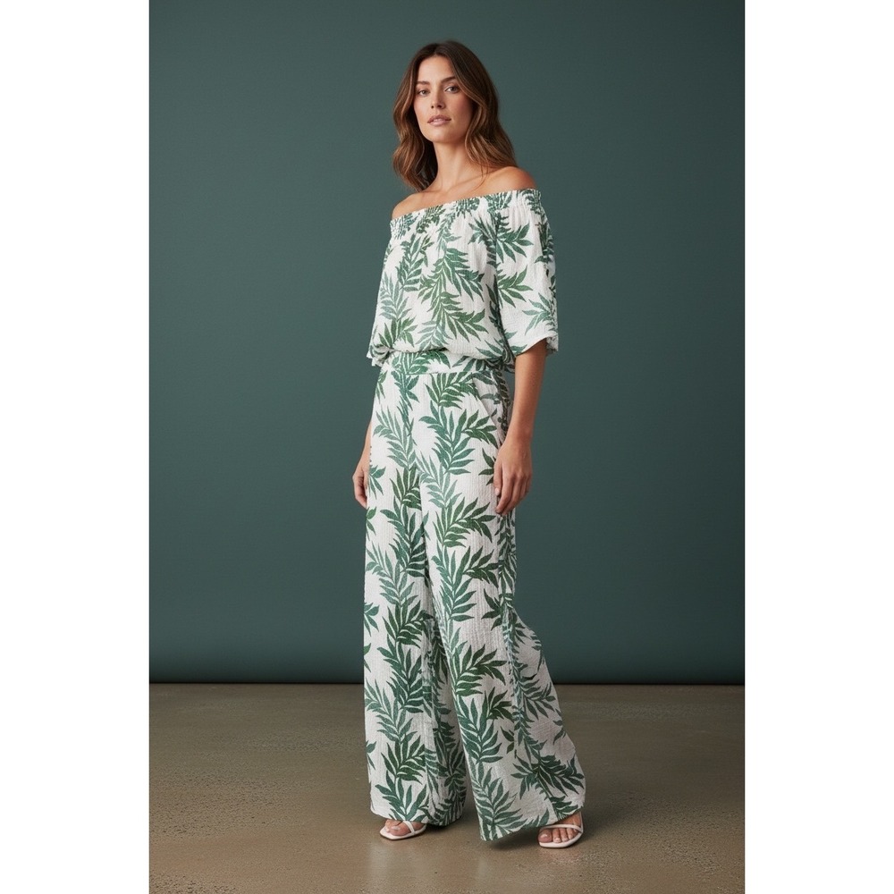 JOYSPLN Women's Tropical Leaf Print Off Shoulder Top Wide Leg Pants Set S